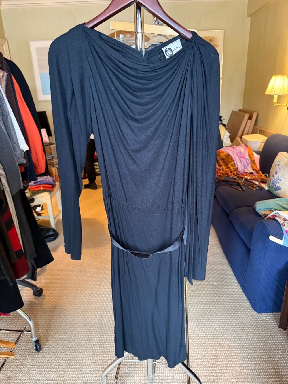 Elegant vintage Lanvin Paris black draped jersey dress